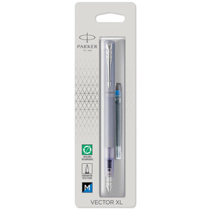 Parker vector xl stylo plume  laque bleu-argent métallisée sur laiton  plume moyenne  encre bleue  blister