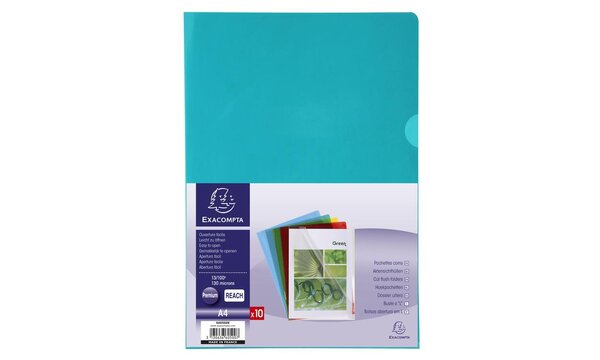 10 Sachets de 10 pochettes coin PVC lisse haute résistance 13/100e  A4  Couleurs assorties EXACOMPTA