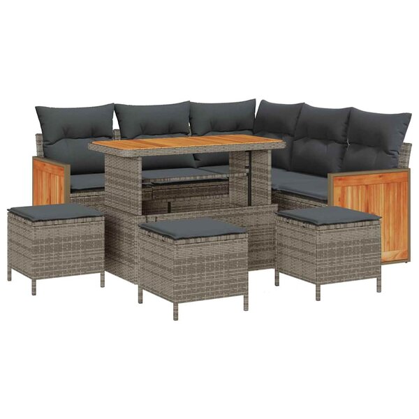 Ensemble de canapé de jardin de 9 pièces avec coussins Gris Poly Rattan Acacia