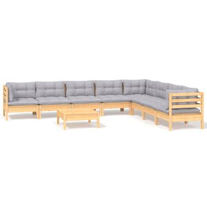 Salon de jardin meuble d'extérieur ensemble de mobilier 9 pièces avec coussins gris bois de pin solide 02_0017996