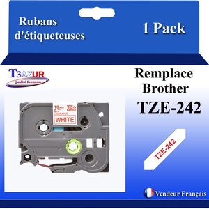 Ruban d'étiqueteuse compatible avec Brother Tze242  Tze-242 - Texte rouge sur fond blanc - Largeur 18 mm x 8 mètres - T3AZUR