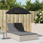 vidaXL Chaise longue double avec coussins et parasol gris clair rotin