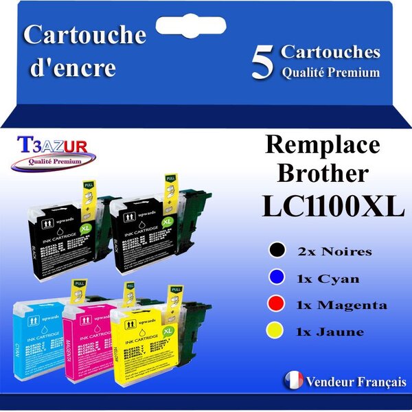 T3AZUR- Lot de 5 Cartouches compatibles avec Brother LC1100 XL pour Brother DCP535CN  DCP585CW  DCP595CN