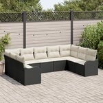 Ensemble de canapés jardin 9 pièces avec coussins poly rotin noir