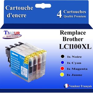 T3AZUR- Lot de 4 Cartouches compatibles avec Brother LC1100 XL pour Brother MFC695CDN  MFC695CDWN  MFC735CD  MFC735CDW  MFC790CW