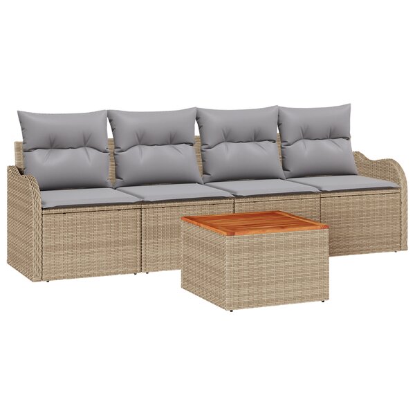 Ensemble de 5 pièces de canapé de jardin avec coussins en rotin poly beige acacia