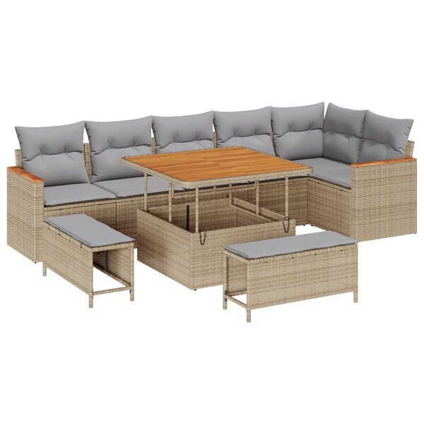 Ensemble de canapé de jardin 9 pièces avec coussins Beige Poly Rattan Acacia