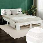 Lit en Bois 180x200 cm Blanc - Lit Double avec 2 Matelas à ressorts - Massif