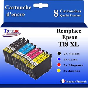 T3AZUR- 8x Cartouches Compatibles avec Epson 18XL 18 XL remplace Epson Expression Home XP225 XP30 XP302 XP305 XP312 XP315 XP322 XP325