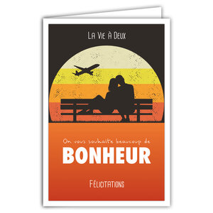 Carte Félicitations Beaucoup de Bonheur avec Enveloppe pour Couple Homme Femme - Affichette Mini Posters Format 17x11 5cm - Amoureux Voyage de noces Avion Coucher de Soleil Rétro Vintage