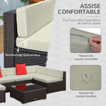 Ensemble salon de jardin 7 pièces modulables table basse plateau verre trempé coussins déhoussables inclus résine tressée imitation rotin brun foncé