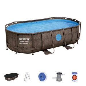 Piscine Hors-sol Tubulaire Bestway Power Steel Oval Imitation Rotin 427x250x100 cm avec Épurateur a Cartouche de 2 006 L/H Bâche et