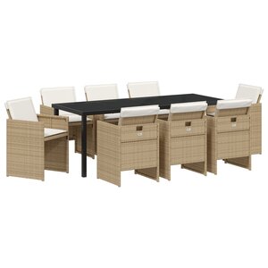 vidaXL Ensemble de repas de jardin 9 pièces avec coussins beige en rotin poly