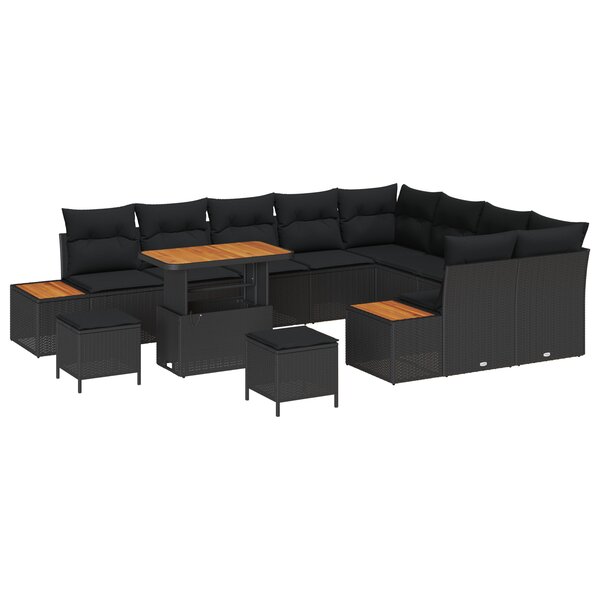 Set de canapé de jardin de 12 pièces avec coussins en poly rotin noir et acacia