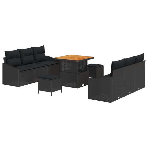 Ensemble de Canapés de Jardin 9 pièces avec Coussins Noir Rattan Poly Acacia