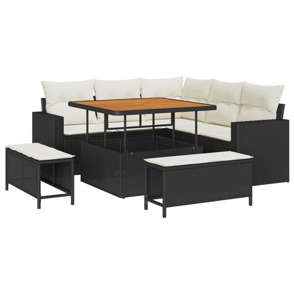 Ensemble de Canapé de Jardin 8 Pièces avec Coussins Noir Rotin Poly Acacia