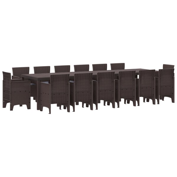 Ensemble de salle à manger de jardin de 15 pièces avec coussins en poly rattan marron