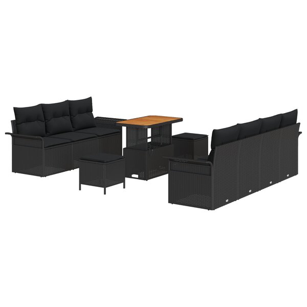 Ensemble de 10 pièces de canapé jardin avec coussins noir poly rotin acacia