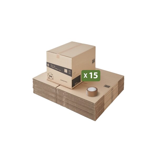 Pack and Move - Lot 15 cartons déménagement hauteur modubale : variable - 60 x 45 x 31-41 cm - Poignées renforcées - 1 adhésif offert