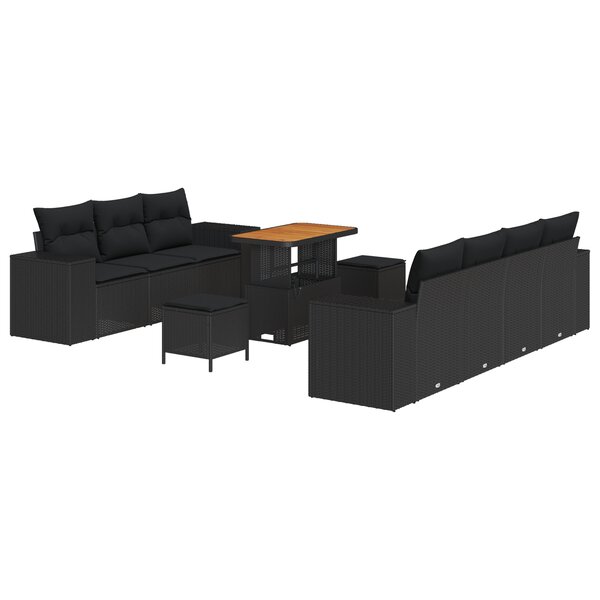 Ensemble de Canapés de Jardin 10 Pièces avec Coussins Noir Poly Rattan Acacia