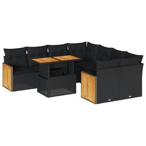 vidaXL Salon de jardin avec coussins 9 Pièces noir résine tressée acacia
