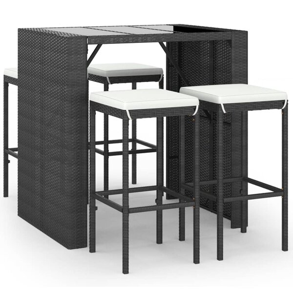 vidaXL Ensemble de bar de jardin 5 Pièces avec coussins noir poly rotin