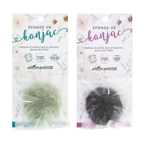 Duo d'éponges Konjac argile verte et thé vert + Konjac au charbon Bincho