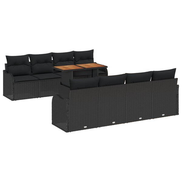 Ensemble de canapé de jardin 9 pièces avec coussins noir poly rotin