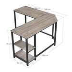 Bureau d’angle table informatique en forme de L table d’étude avec étagère de rangement pour bureau à domicile gain de place montage facile style industriel 138 cm grège et noir 12_0001335