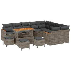 Ensemble de Canapé de Jardin 13 pièces avec Coussins Grises en Rattan Poly et Acacia