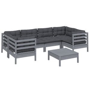 Salon de jardin meuble d'extérieur ensemble de mobilier 7 pièces avec coussins gris bois de pin 02_0017185