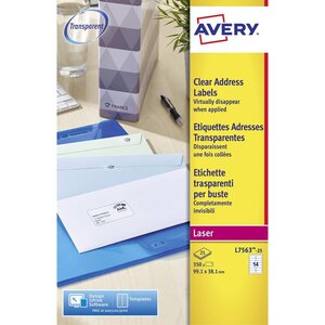 Étiquettes d'expédition pour imprimantes laser, 99,1 x 38,1 mm, 25 feuilles, 14 étiquettes par feuille, auto-adhésives, transparentes (paquet 350 unités)