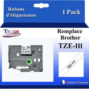 Ruban d'étiqueteuse compatible avec  Brother Tze111  Tze-111 pour étiqueteuses P-touch - Texte noir sur fond transparent - Largeur 6 mm x 8 mètres - T3AZUR