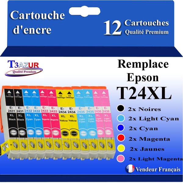 T3AZUR- 12x Cartouches Compatibles avec Epson 24XL 24 XL remplace Epson Expression Photo XP55 XP750 XP760 XP850 XP860 XP950 XP960 XP970