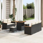 Ensemble de Canapé de Jardin 8 Pièces avec Coussins Noir Poly Rattan Acacia