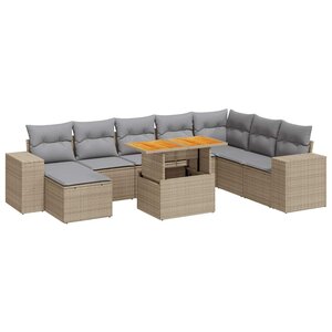 vidaXL Salon de jardin avec coussins 9 Pièces beige résine tressée acacia