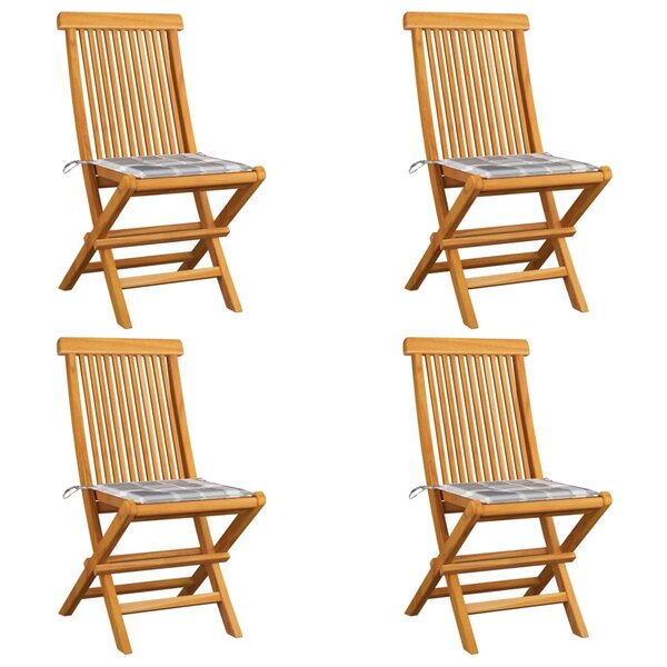 vidaXL Chaises de jardin coussins à carreaux gris lot de 4 Teck massif
