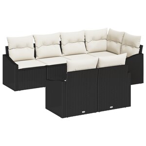 vidaXL Set de salle à manger de jardin 7 pièces avec coussins noir poly rattan