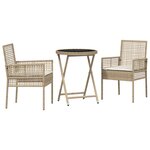 Ensemble de Bistro de Jardin 3 Pièces avec Coussins Beige en Poly Rattan