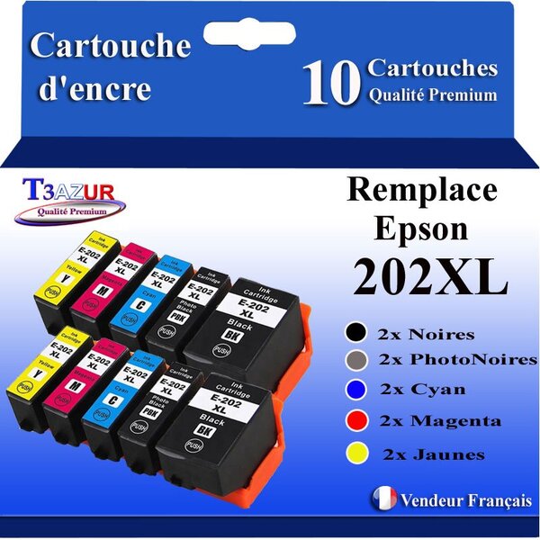 T3AZUR- 10 Cartouches Compatibles avec  Epson 202 XL pour Epson Expression Premium XP6000  XP6005  XP6100  XP6105