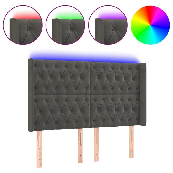 vidaXL Tête de lit à LED Gris foncé 147x16x118/128 cm Velours