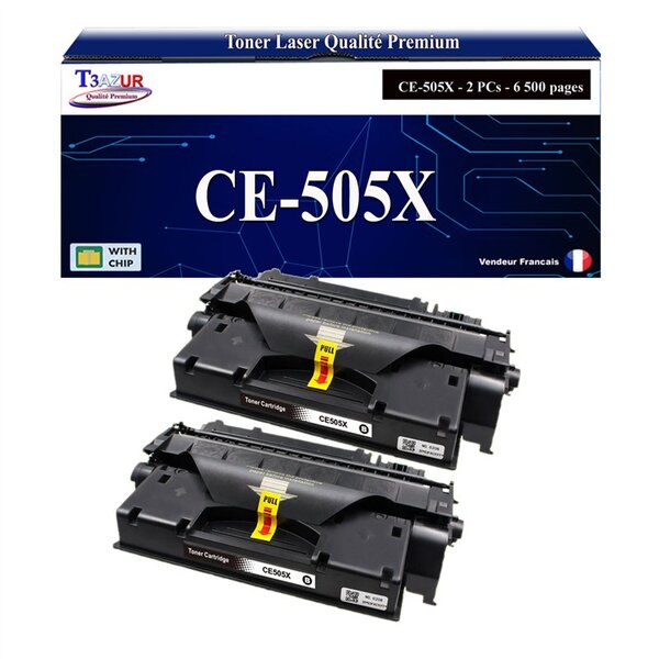 T3AZUR -2x Toners compatibles avec HP CE505X (05X) pour HP LaserJet P2050  P2050D  P2055  P2055D  P2055DN  P2055X
