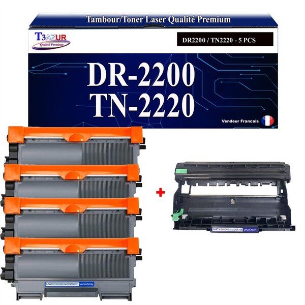 T3AZUR - Kit Tambour+ 4 Toners  compatibles avec Brother TN2220 TN2010 DR2200 pour Brother  HL-2130  HL-2132  HL-2135  HL-2135W  HL-2240  HL-2240D  HL-2250DN  HL-2270DW  MFC-7360 - 2600 pages
