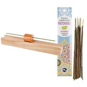 Porte-encens en bois précieux Hinoki + Encens indien au Patchouli
