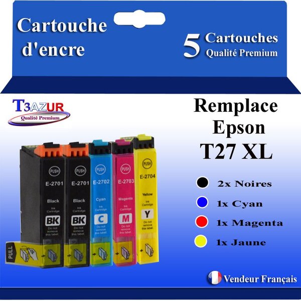 T3AZUR - 5x Cartouches Compatibles avec Epson WorkForce WF-3620DWF WF-3640DTWF remplace Epson T27XL