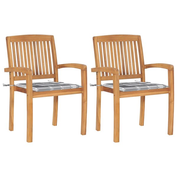 vidaXL Chaises de jardin lot de 2 avec coussins à carreaux gris Teck