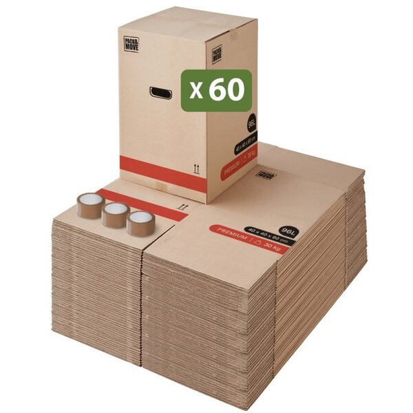 Pack and Move - Lot 60 Cartons Déménagement Premium - 40 X 40 X 60 Cm - Extrême Résistance 30 KG - Réutilisables - Double Épaisseur - Poignées Renforcées - 3 Adhésifs Offerts
