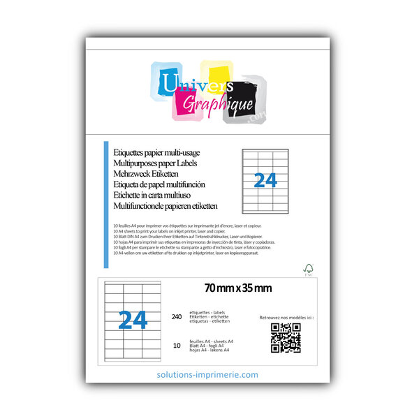 Lot de 10 planches a4 de 24 étiquettes à bords vifs 70 x 35 mm en papier blanc 70g/m² multifonction