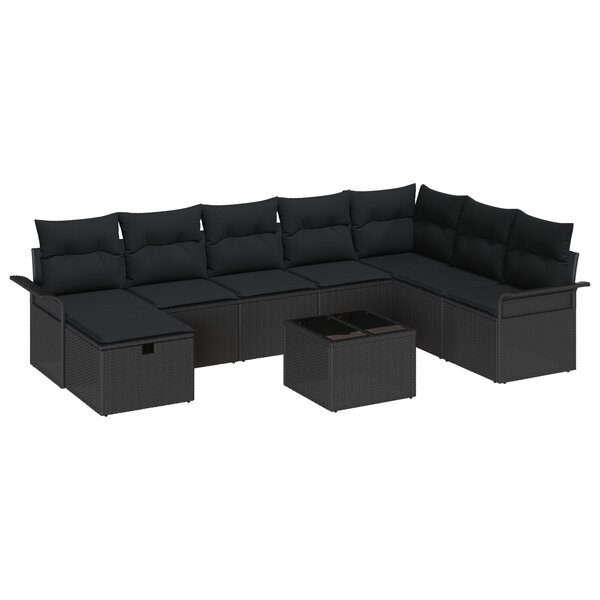 vidaXL Set de Canapé de Jardin 9 Pièces avec Coussins Noir Poly Rattan
