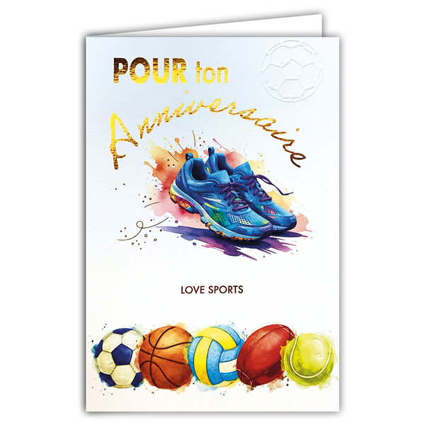 69-3130 Carte Anniversaire Sportif Ballons Football Basketball Volleyball Rugby Tennis Peinture Aquarelle -Finitions Dorure Or Doré + Gaufrage en Relief +1 Enveloppe Format 12x17cm -Fabriqué en Europe